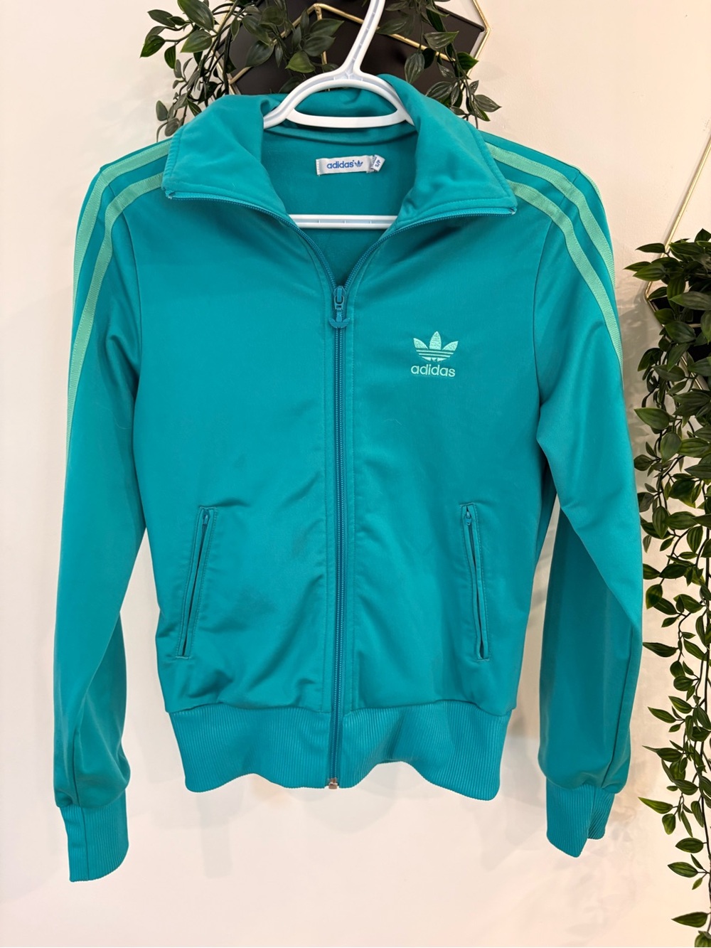 adidas Teal Zip-Up Bomber Jacket with Mint Stripes